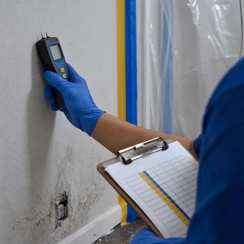 Moisture meter being used on drywall beside a containment entrance and room-by-room moisture log