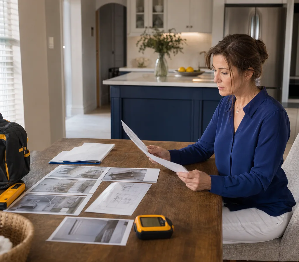 Houston homeowner reviewing an insurance claim packet with moisture readings, labeled photos, and a repair scope