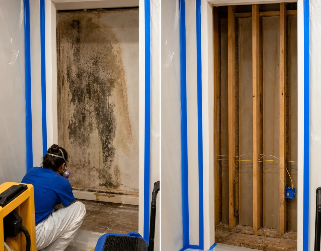 Before-and-after view of a contained closet wall area before remediation and after removal to clean framing