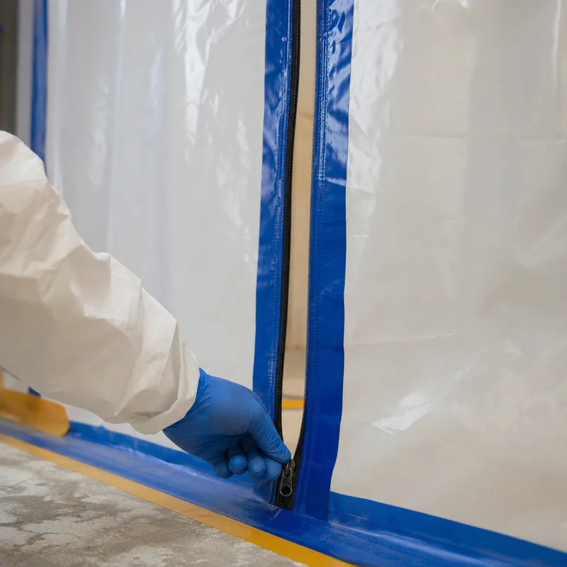 Close-up of a sealed containment zipper door and taped seams used to prevent cross-contamination