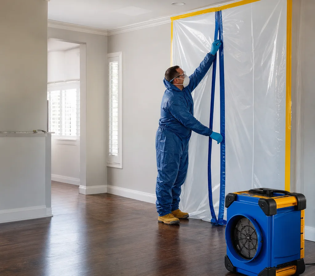 Technician in protective equipment setting up containment with plastic sheeting, a zipper door, and a HEPA air scrubber in a Houston-area home