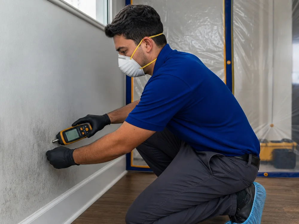 Moisture meter reading on drywall near a baseboard with containment plastic visible in the background