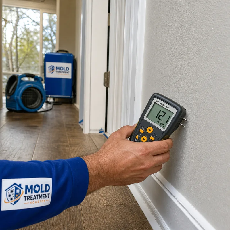 Technician taking moisture meter readings on drywall and baseboards while drying equipment runs in the background