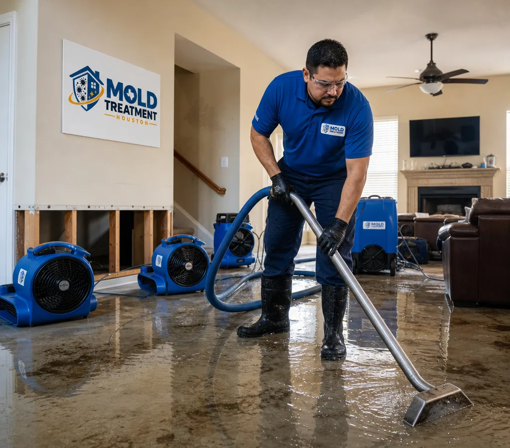 Houston restoration technician in protective gear using a water extraction wand in a partially flooded living room with air movers in the background