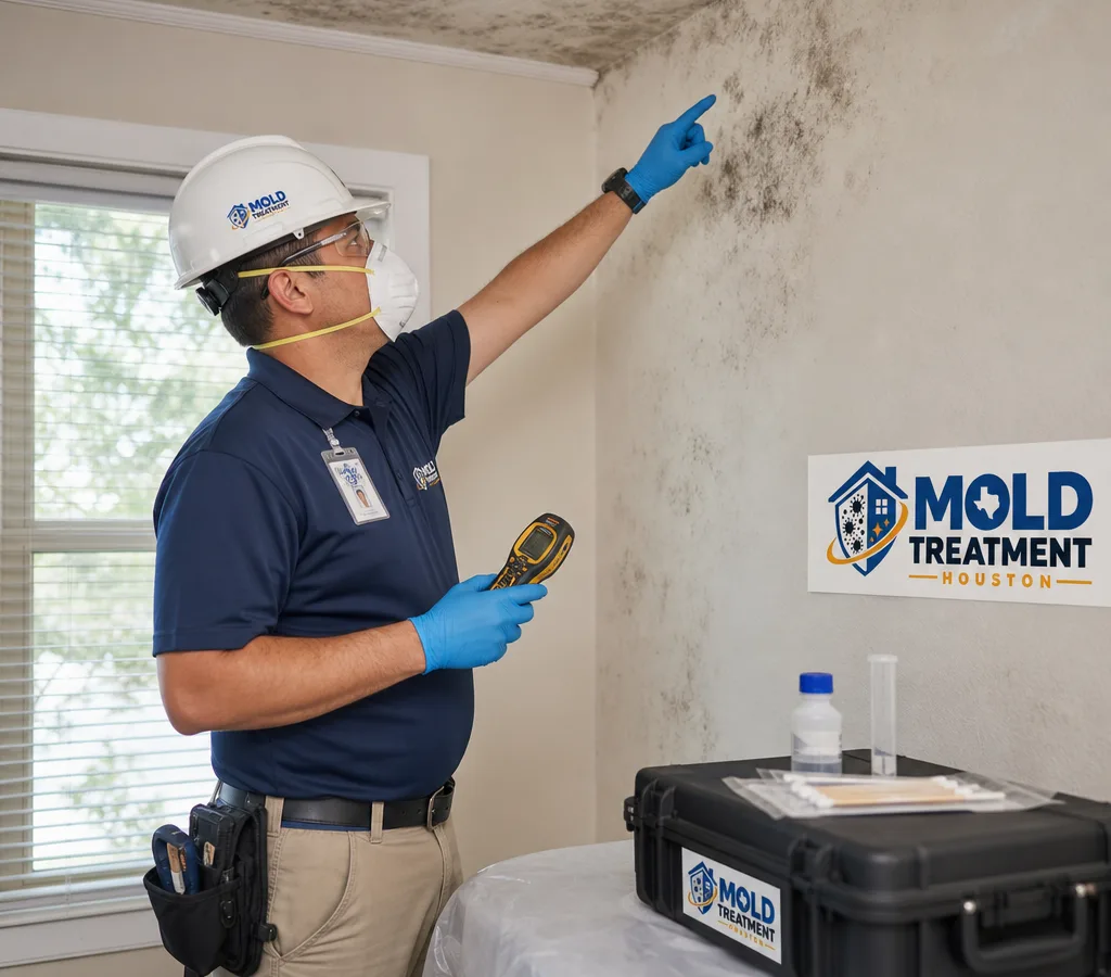 A certified inspector in protective equipment examining an interior wall and ceiling in a Houston home with sampling supplies and a moisture meter