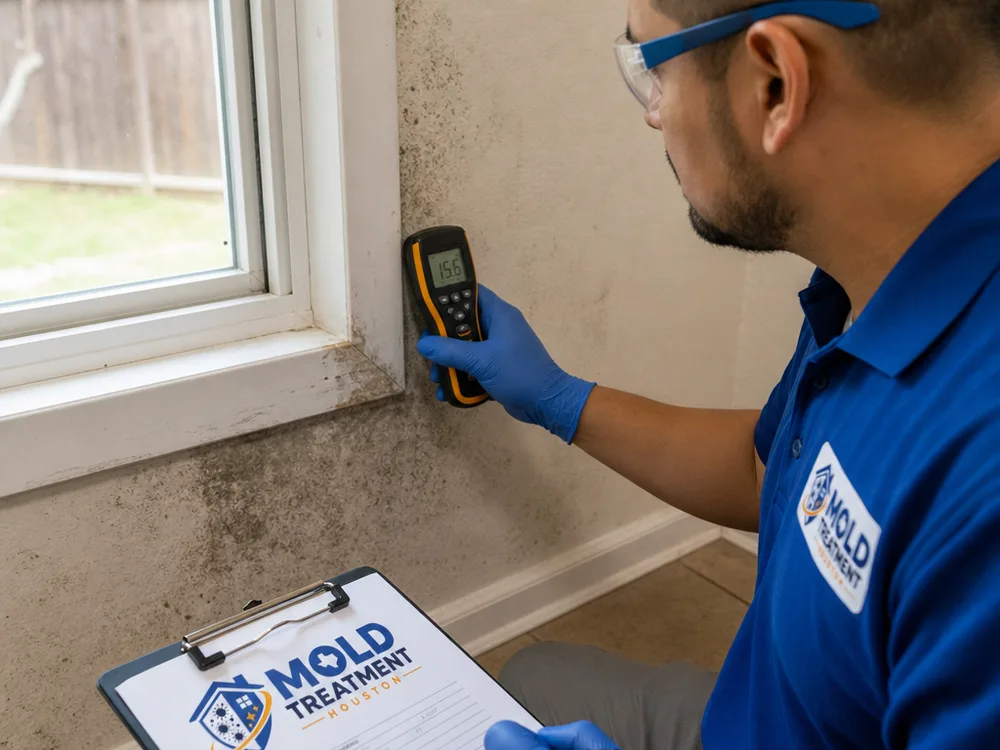 A moisture meter being used on drywall near a window frame while an inspector records findings for a report