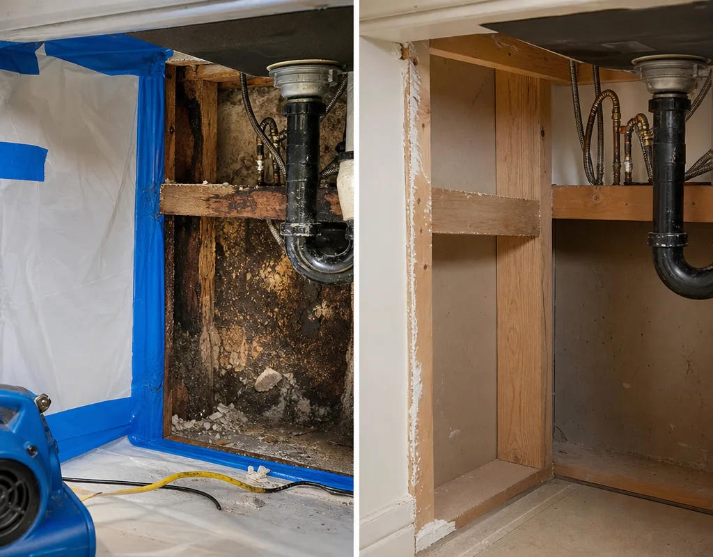 Before-and-after view of drywall removal and cleaned framing around a plumbing leak under a Houston kitchen sink