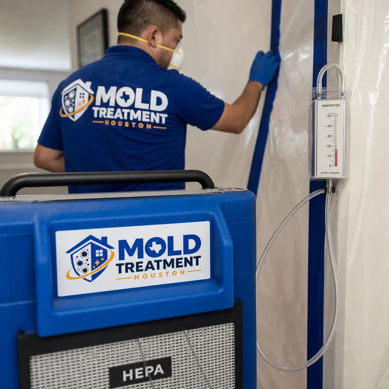 HEPA air scrubber and negative-air setup with manometer tubing at the containment barrier doorway