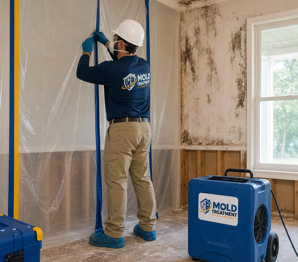 Technician in PPE setting up plastic containment and a HEPA air scrubber in a Houston-area home interior with visible water staining