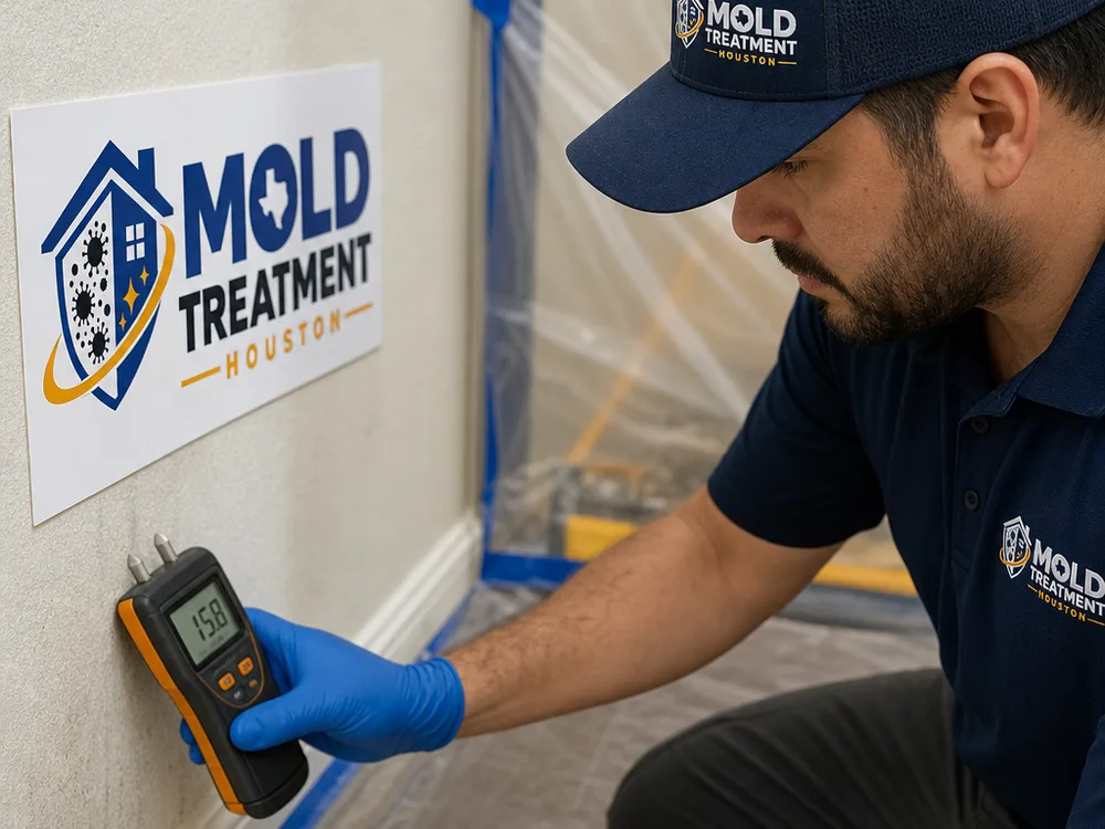 Close-up of a moisture meter reading taken on drywall next to a baseboard, with containment plastic visible in the background