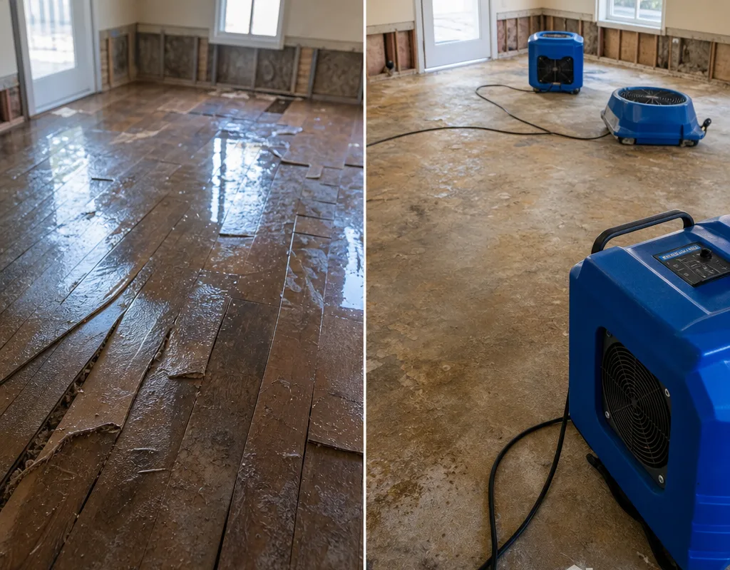 Wet buckled laminate floor before removal and exposed clean subfloor drying afterward