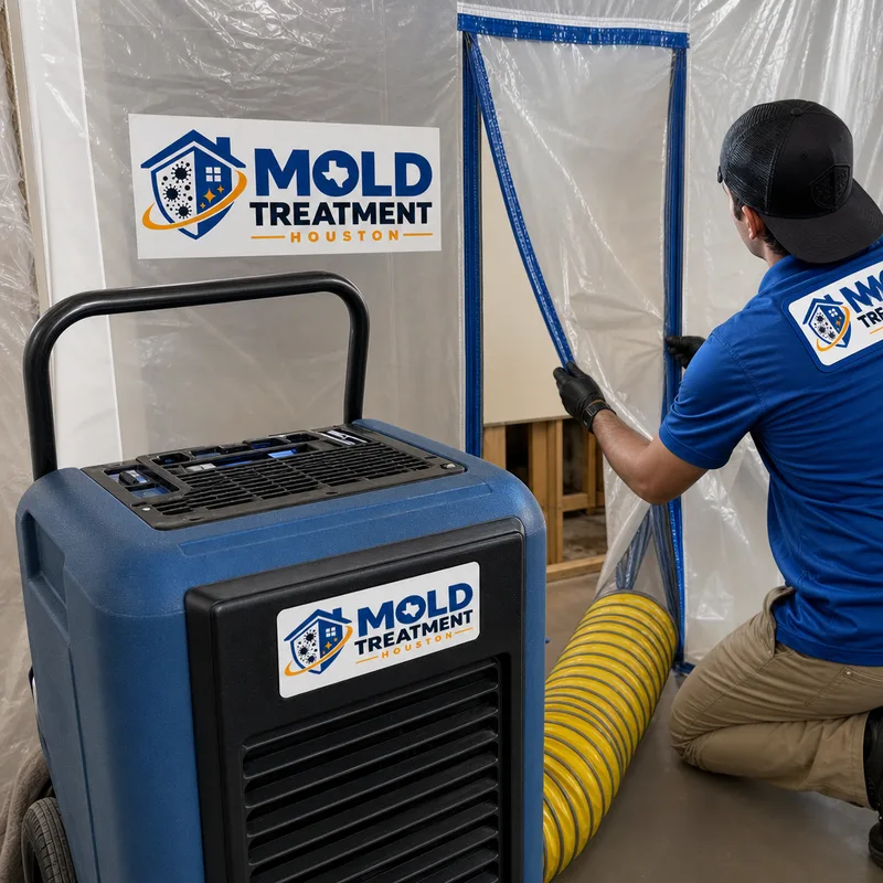 Dehumidifier ducted into a contained work area with plastic sheeting and zipper entry