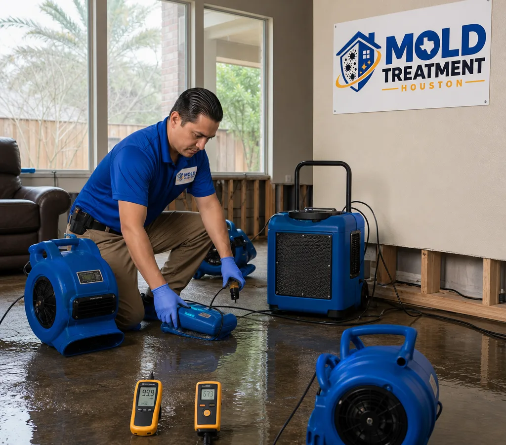 Houston restoration technician setting up commercial air movers and a dehumidifier in a flooded living room