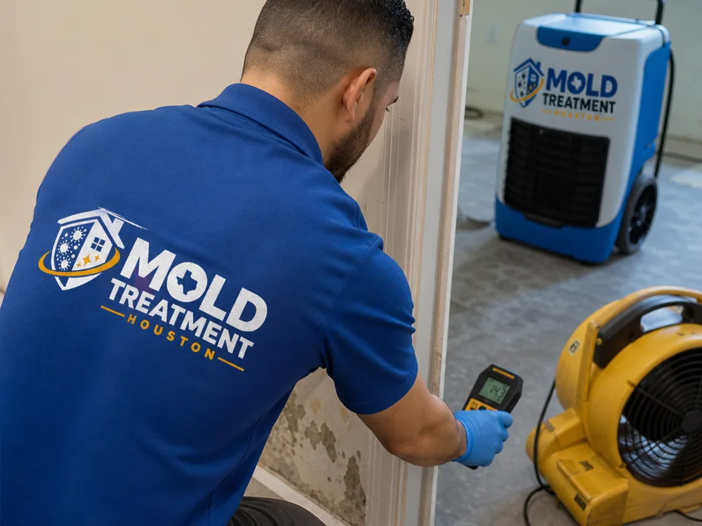 Technician using a moisture meter at the base of drywall while drying equipment runs nearby