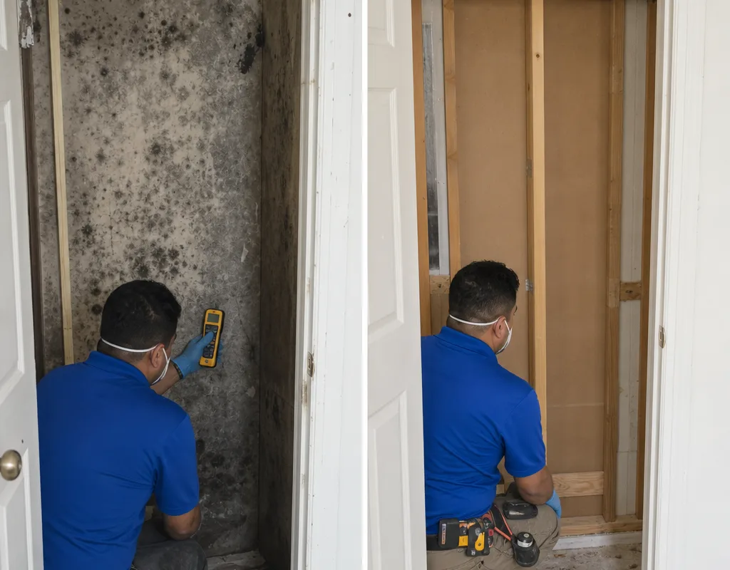 Before and after view of a closet wall with visible mold staining removed and clean framing prepared for rebuild