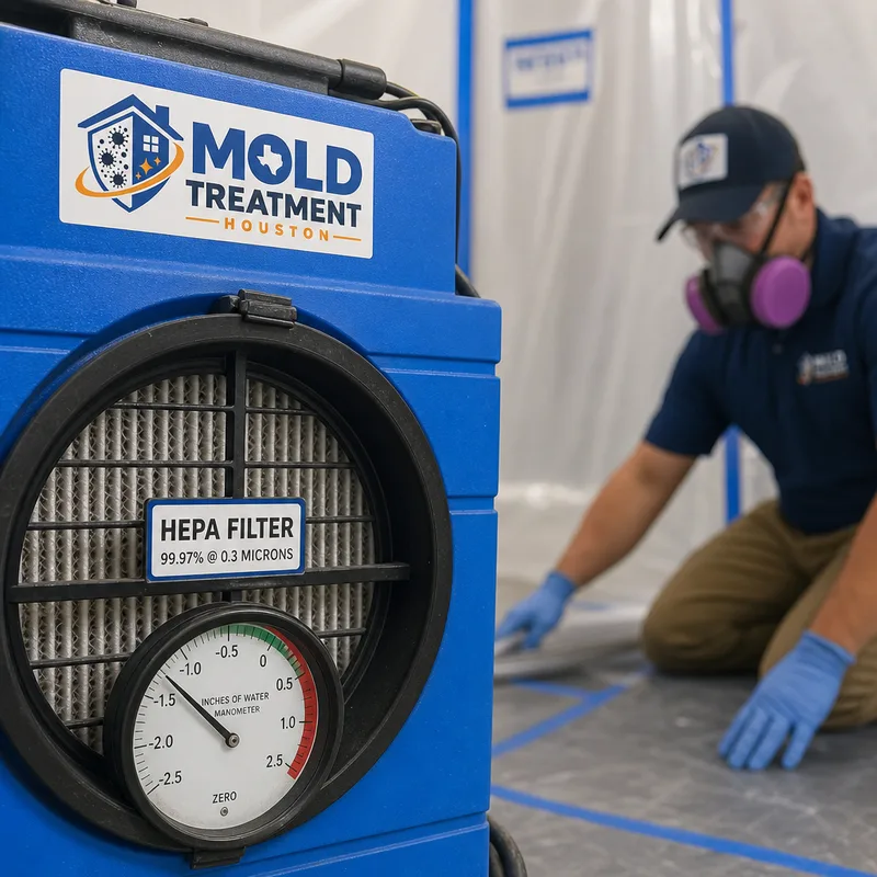 Negative air machine with HEPA filter label and manometer showing negative pressure inside a contained room during mold cleanup