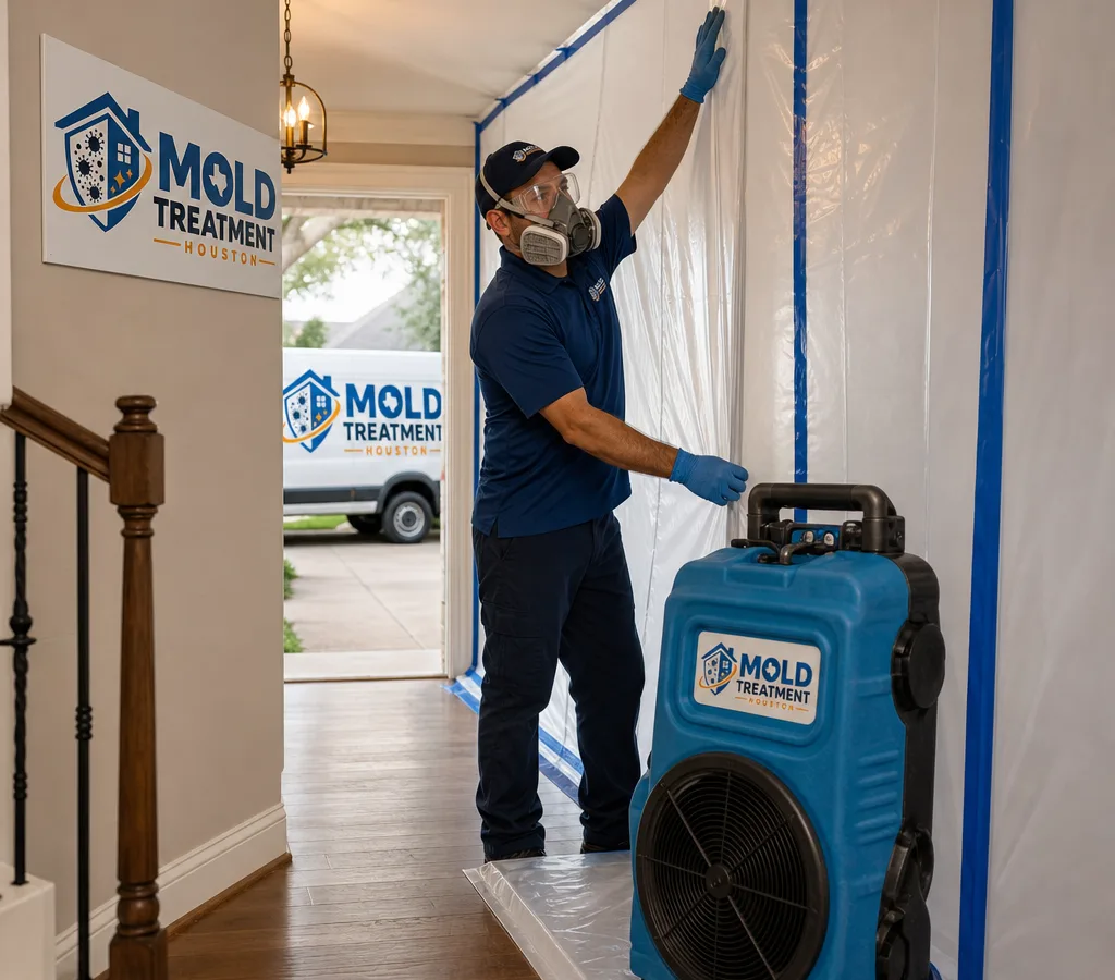 Technician in PPE setting up a plastic containment wall and negative air machine in a Houston home hallway before starting mold cleanup