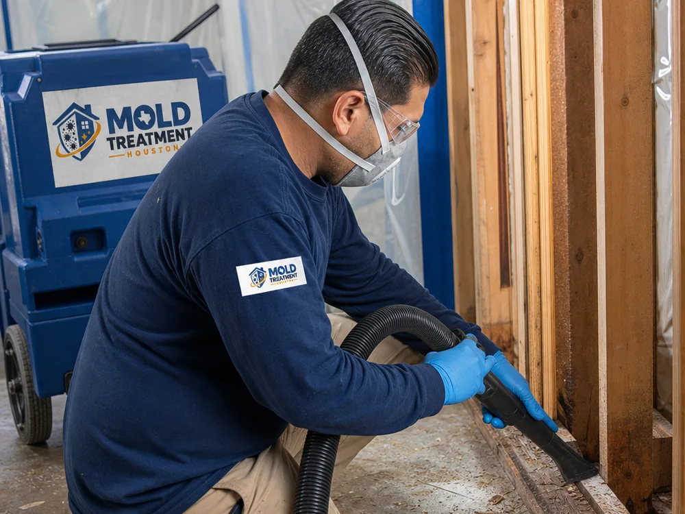 Technician HEPA vacuuming studs and a sill plate inside a contained area with an air scrubber running