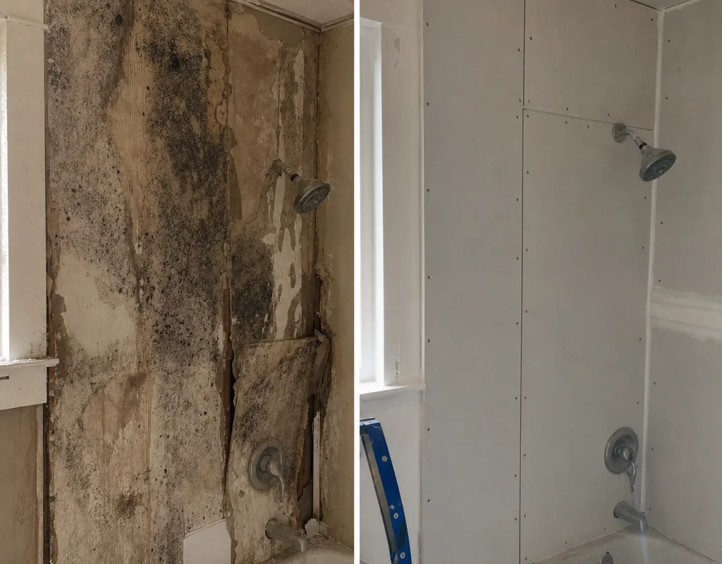 Before-and-after bathroom wall showing mold-stained drywall near a shower and the same area after controlled removal and cleaning