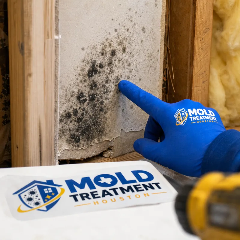 Mold growth on the paper face of drywall inside an opened wall cavity