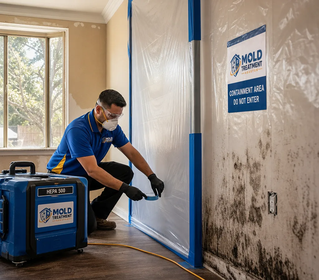 Technician in protective gear setting up plastic containment and a HEPA air scrubber in a Houston home with mold-damaged drywall