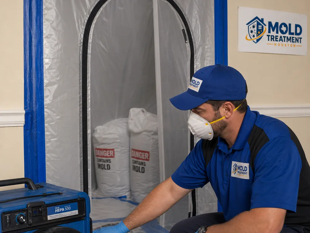 Taped plastic containment doorway with zipper entry, running HEPA air scrubber, and labeled debris bags staged inside