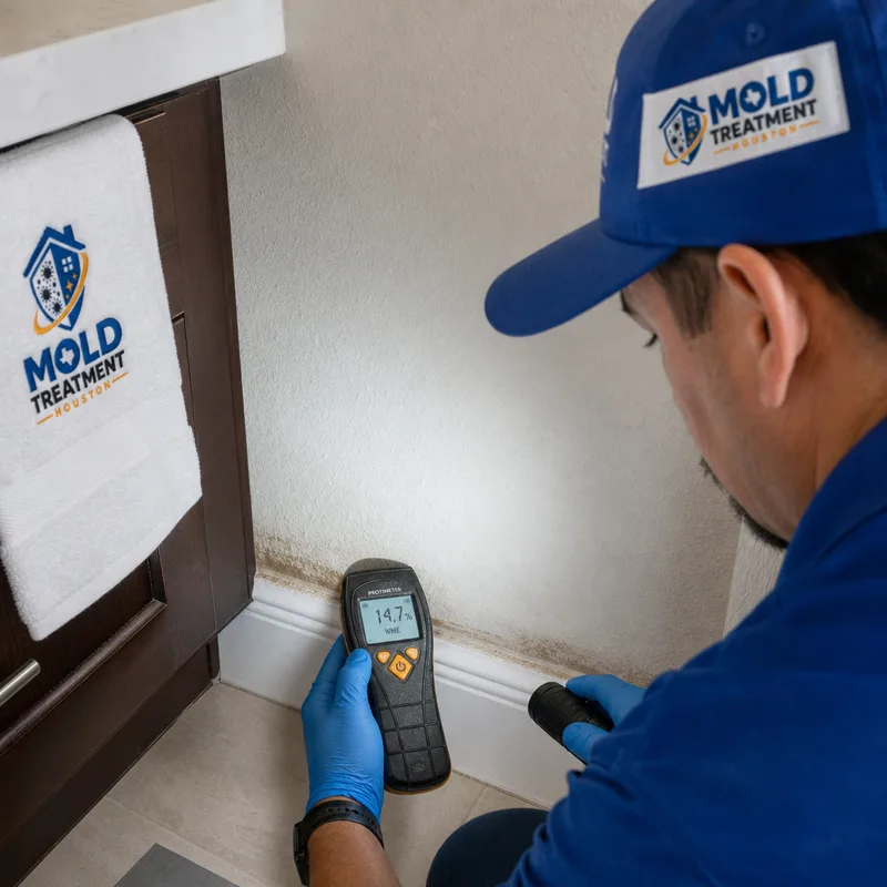 Moisture meter taking a visible reading on baseboard and drywall near a bathroom vanity
