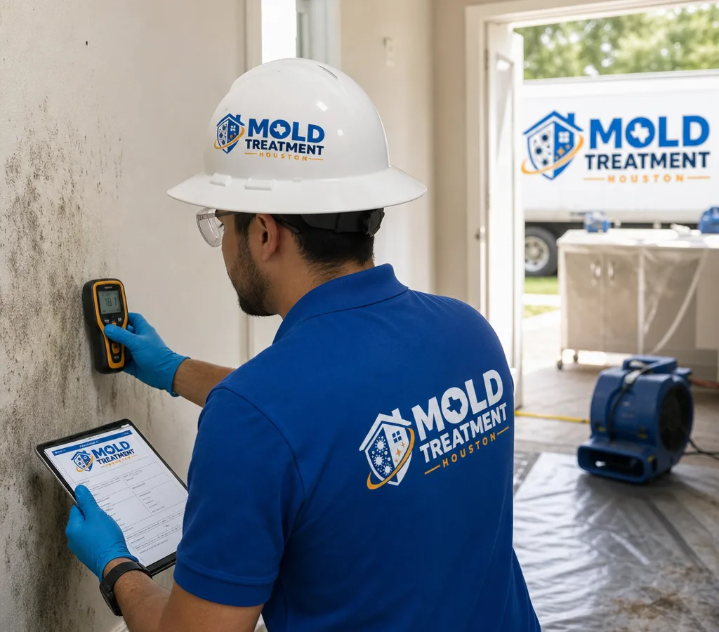 Inspector in protective equipment using a moisture meter and documenting wall readings in a Houston-area home