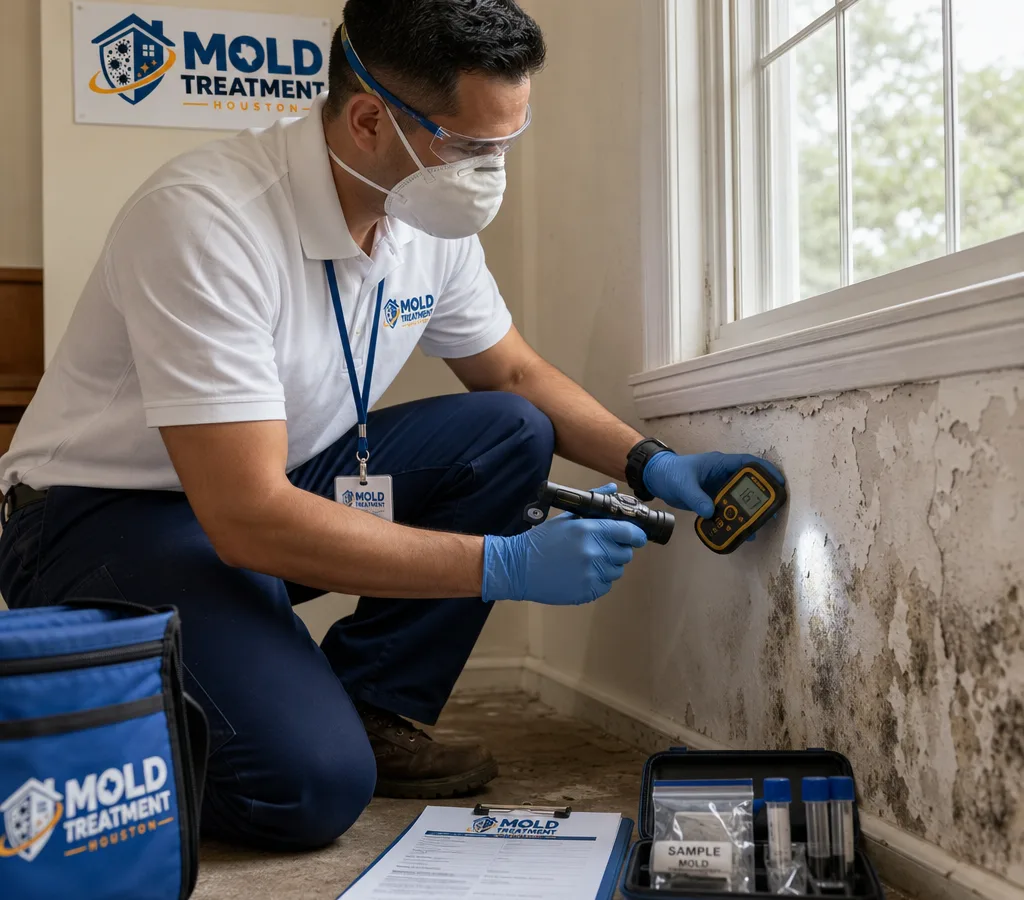 Houston mold inspector in protective equipment using a moisture meter and flashlight near an interior wall, with sampling supplies and a clipboard visible