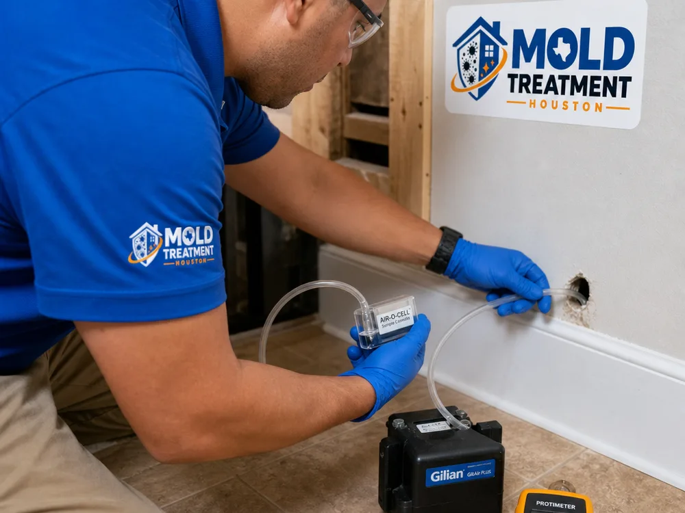 Inspector taking a wall cavity air sample with a calibrated pump and labeled cassette near a baseboard, with a moisture meter nearby
