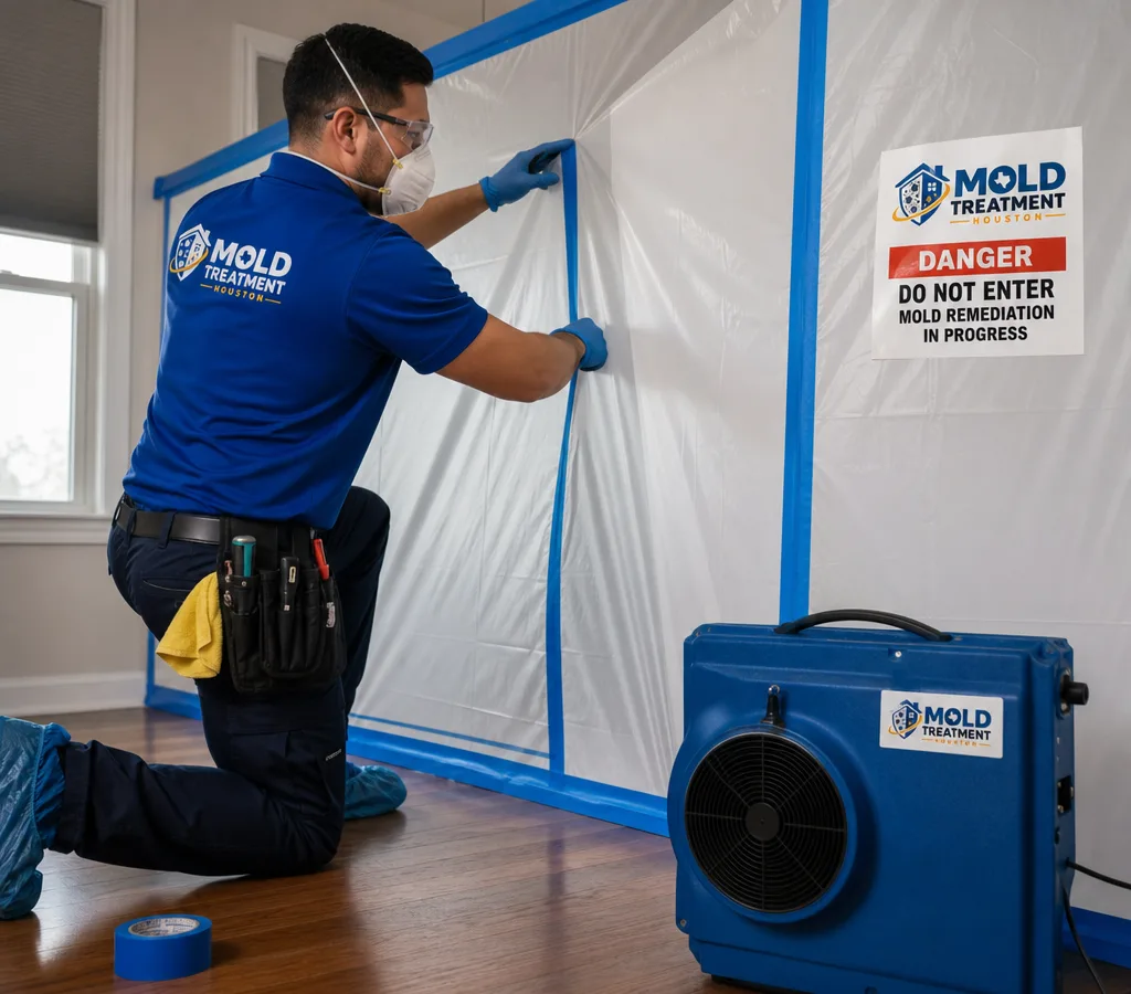 Houston technician setting up containment plastic and a HEPA air scrubber in a residential room with PPE and warning signage visible