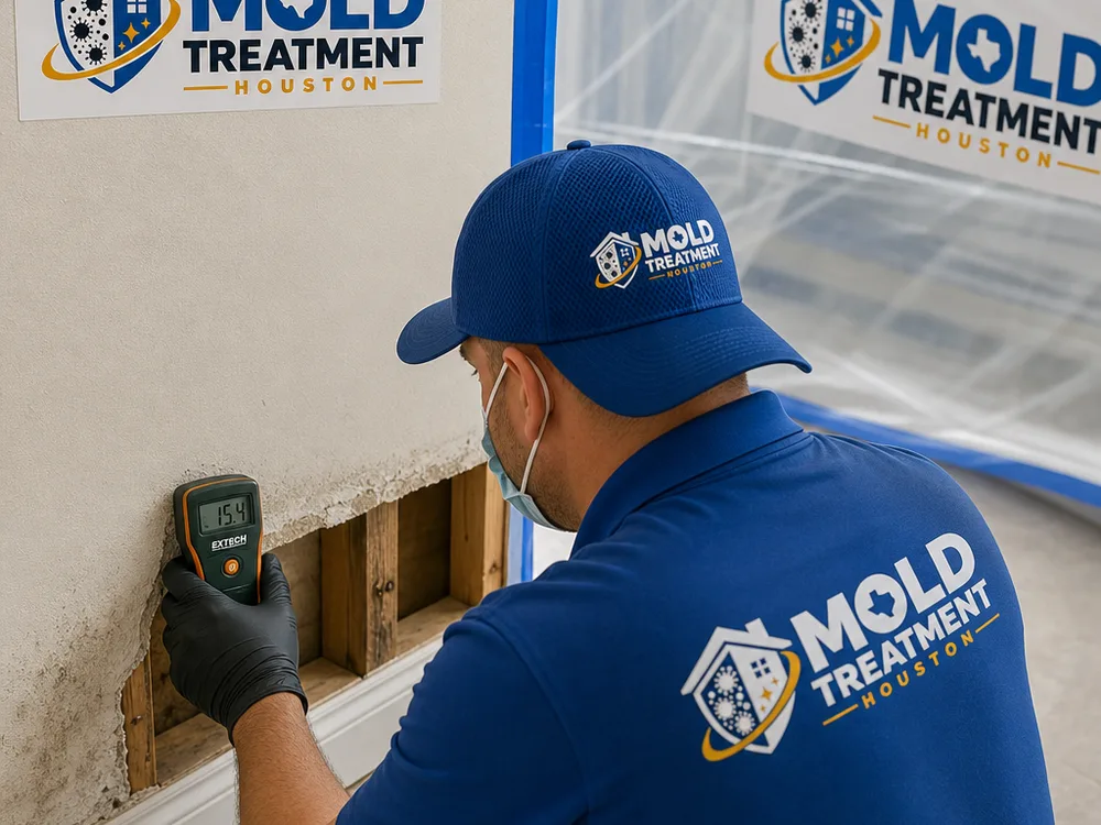 Moisture meter reading on drywall near a baseboard with containment plastic visible in the background