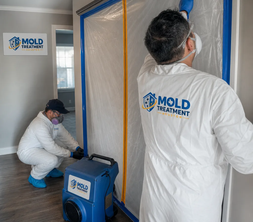 Certified mold technicians in protective equipment setting up containment and a HEPA air scrubber in a Houston home hallway