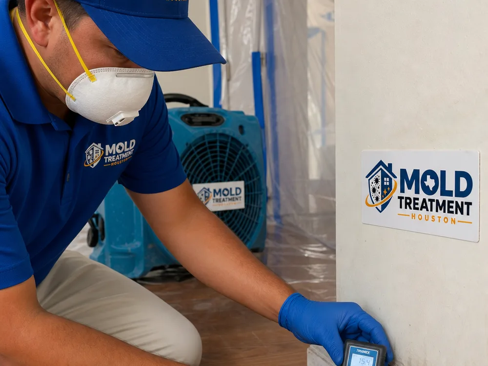 Technician using a moisture meter on drywall near a baseboard with containment and a HEPA air scrubber operating in the background