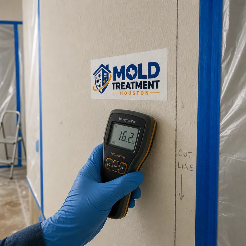 Close-up of a moisture meter reading on drywall next to a marked cut line, with poly containment and blue tape indicating a planned removal area