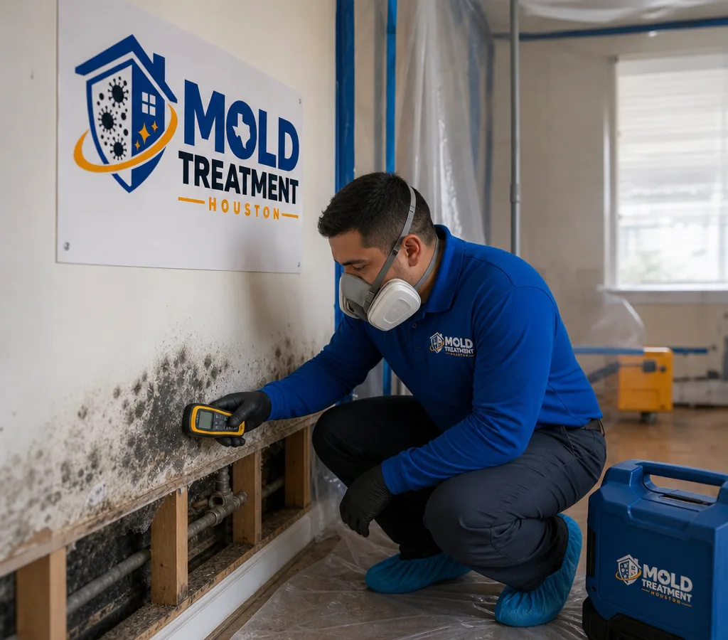 Technician in protective gear inspecting a Houston-area home interior near a water-damaged wall with a moisture meter and containment materials visible