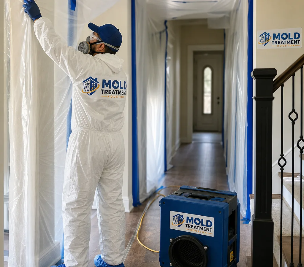Houston remediation technician setting up plastic containment and a HEPA air scrubber in a residential hallway
