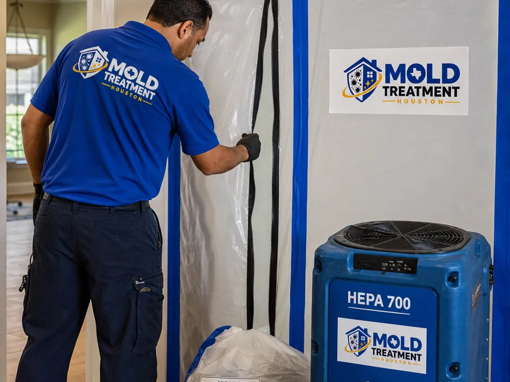 Contained mold remediation work area with a taped plastic zipper barrier, HEPA air scrubber, and labeled debris bags