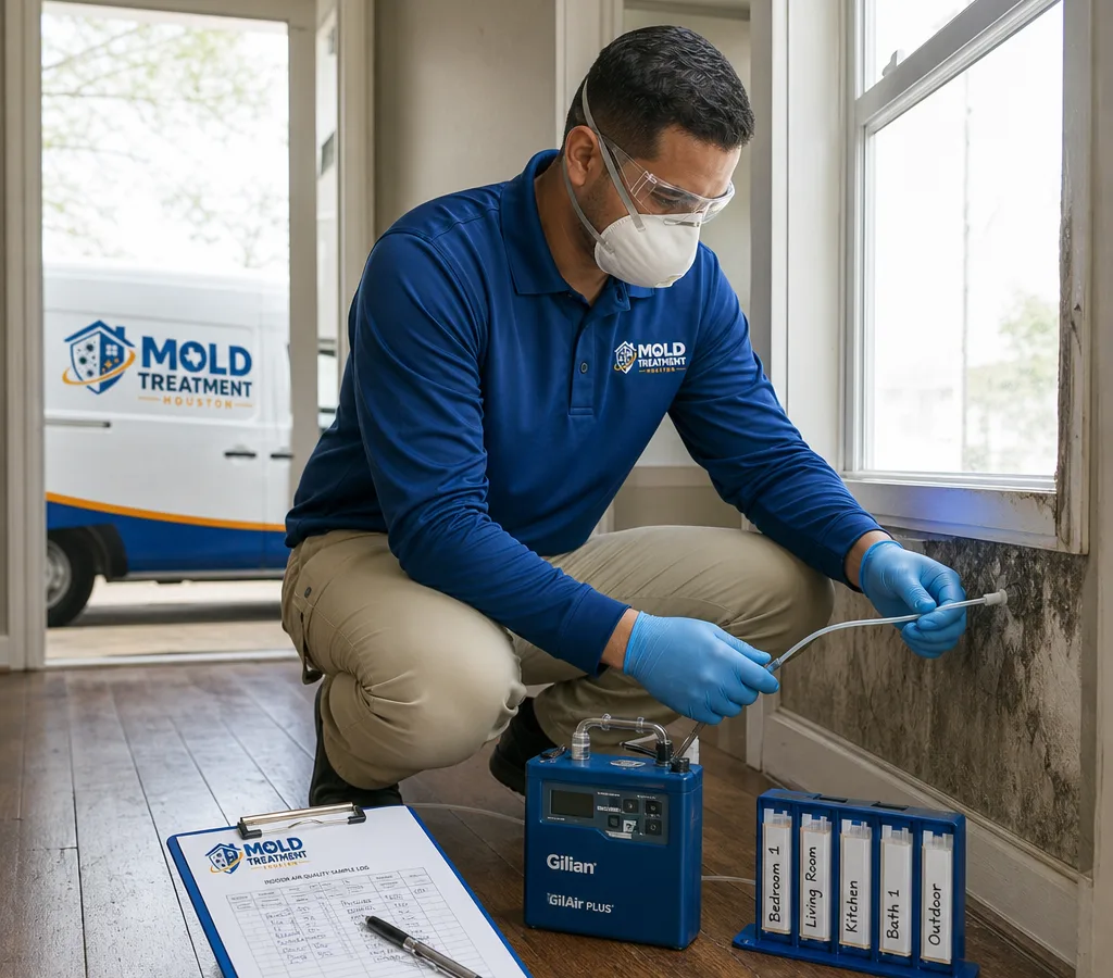Inspector in protective equipment collecting an indoor air sample with a calibrated pump in a Houston home