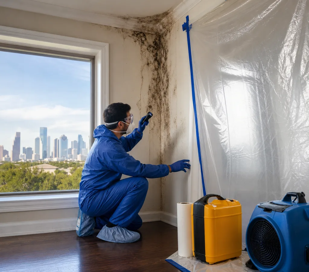 Technician in protective equipment inspecting a wall and ceiling area in a Houston home