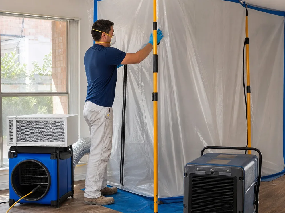 Contained residential work area with HEPA filtration and drying equipment