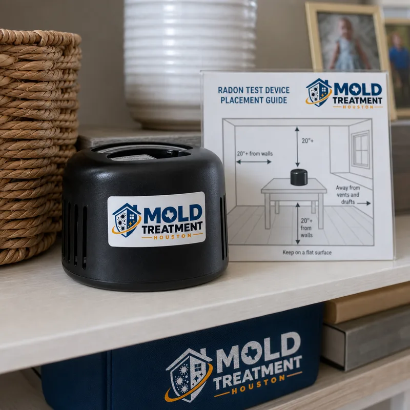 Radon test device positioned on a shelf with proper spacing from walls and vents