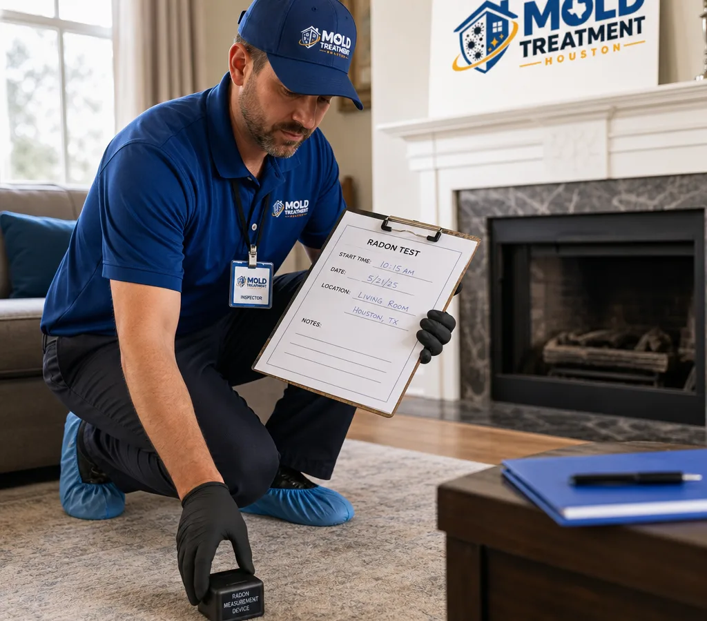 Inspector placing a radon measurement device in a Houston home living area with test timing and location notes