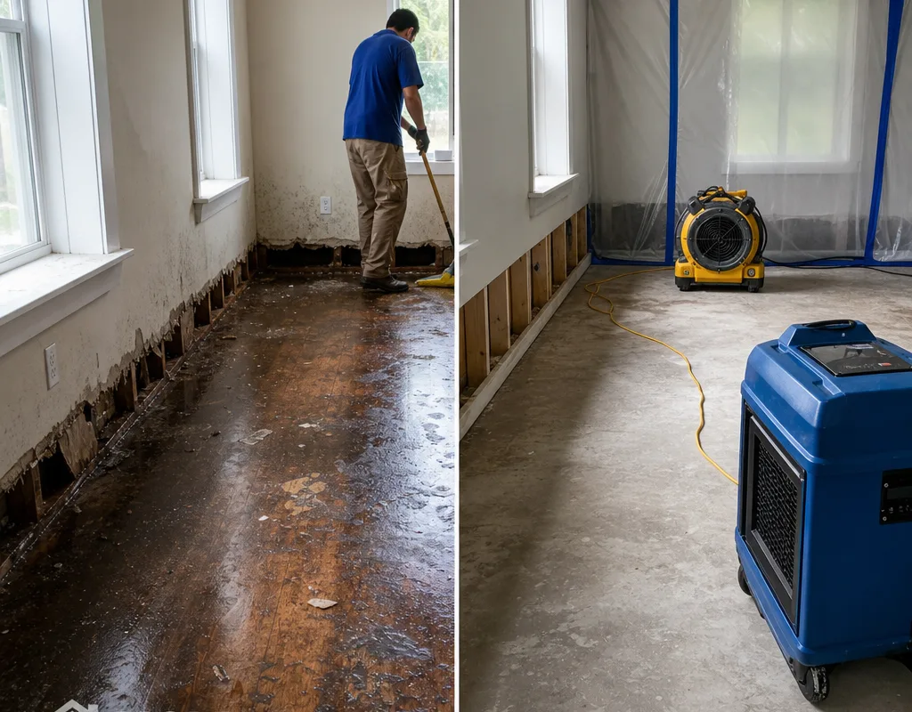 Before-and-after view of a water-damaged room followed by controlled material removal, containment, and drying equipment
