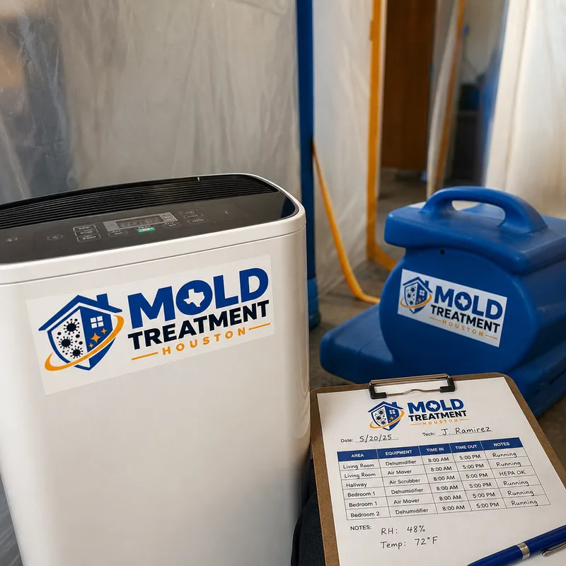 Dehumidifier and air mover staged inside a contained work area with monitoring notes on a clipboard