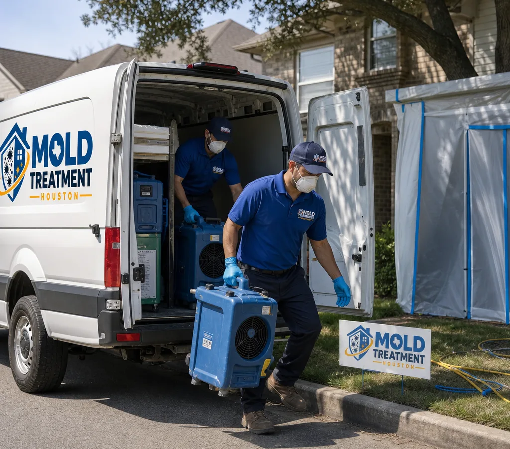 Houston restoration crew in protective equipment unloading air movers and dehumidifiers outside a residential property