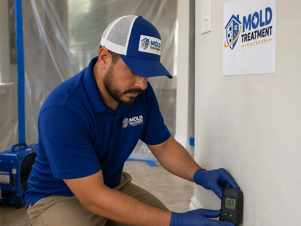 Technician using a moisture meter on drywall near baseboards with containment in the background