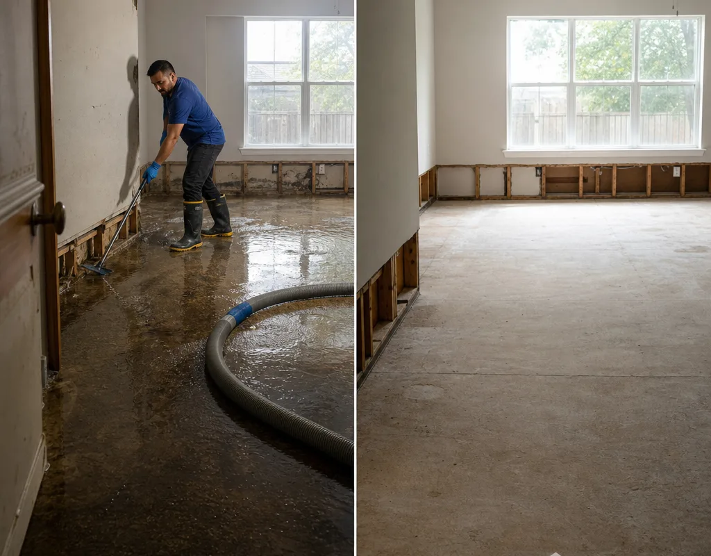 Before-and-after view of a flooded room and its dried subfloor ready for repairs
