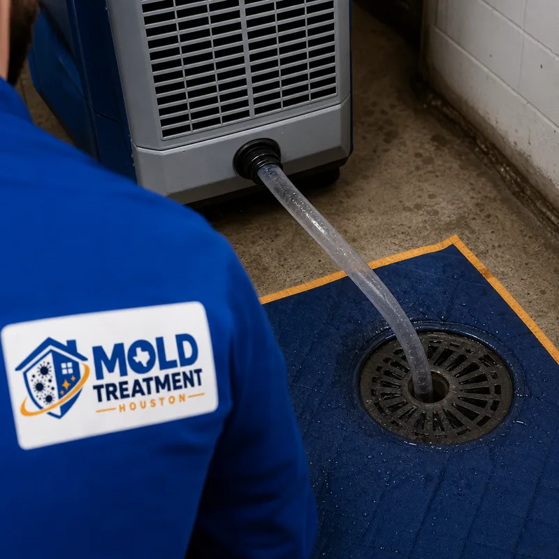 Dehumidifier drain line routed safely with condensation management and floor protection