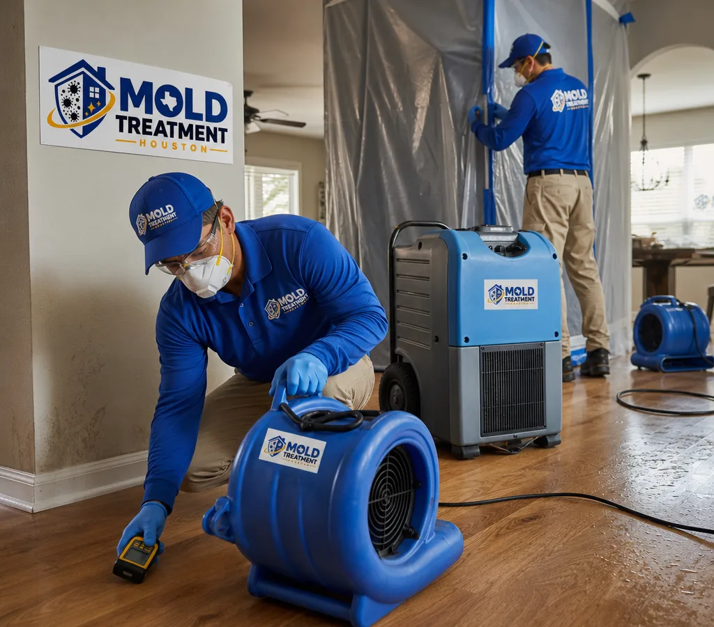 Technicians setting up air movers and a dehumidifier while documenting moisture in a contained Houston home